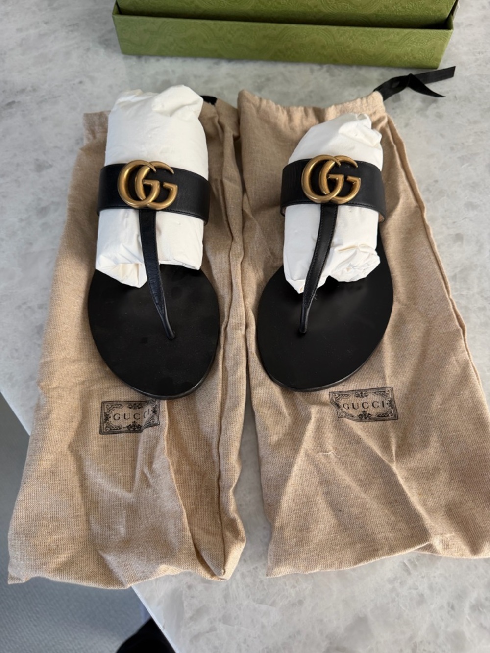 Gucci Black Leather Thong Sandals with Gold Double G Hardware size 37